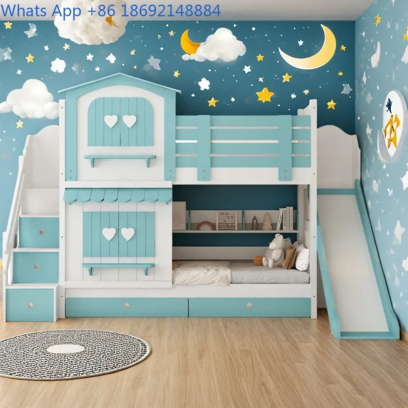 Girls' Double Layer Bed Pink Princess Style Castle Bed with Slide Multi-Functional Bunk Bed