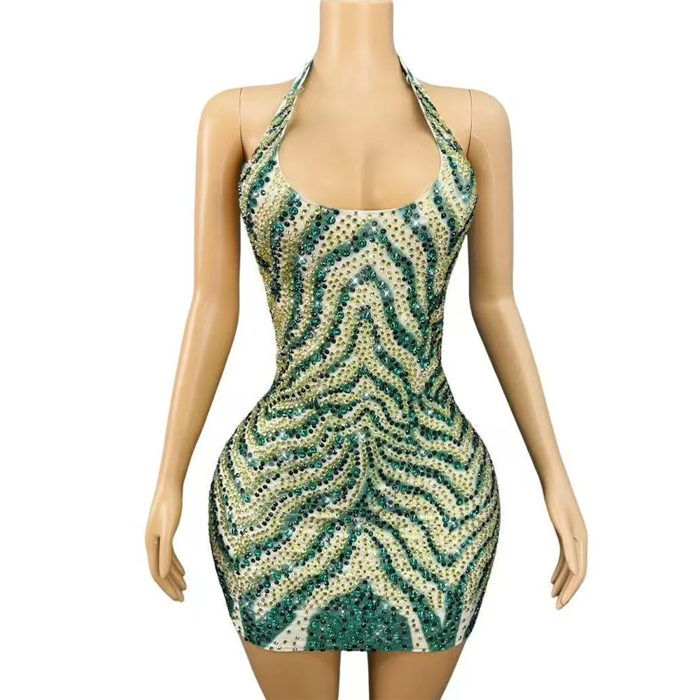 Seksowna świecąca bandażowa sukienka z kryształkami bez pleców dla kobiet Urodziny Świętuj wieczorowy strój Codzienna podróż Kostium sceniczny