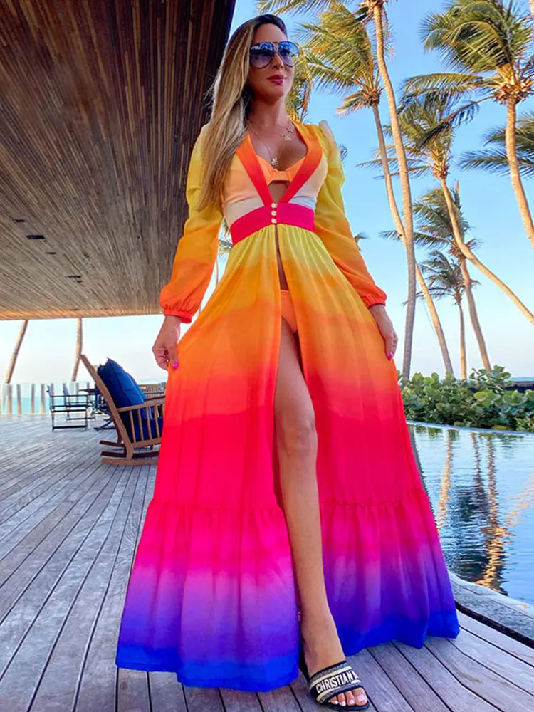 Sexy Deep V Neck Long Sleeve Neon Shades Chiffon Comfortable Tunic Beach Dress 2023 Beachwear Women Swimsuit Bikini Cover Up D14