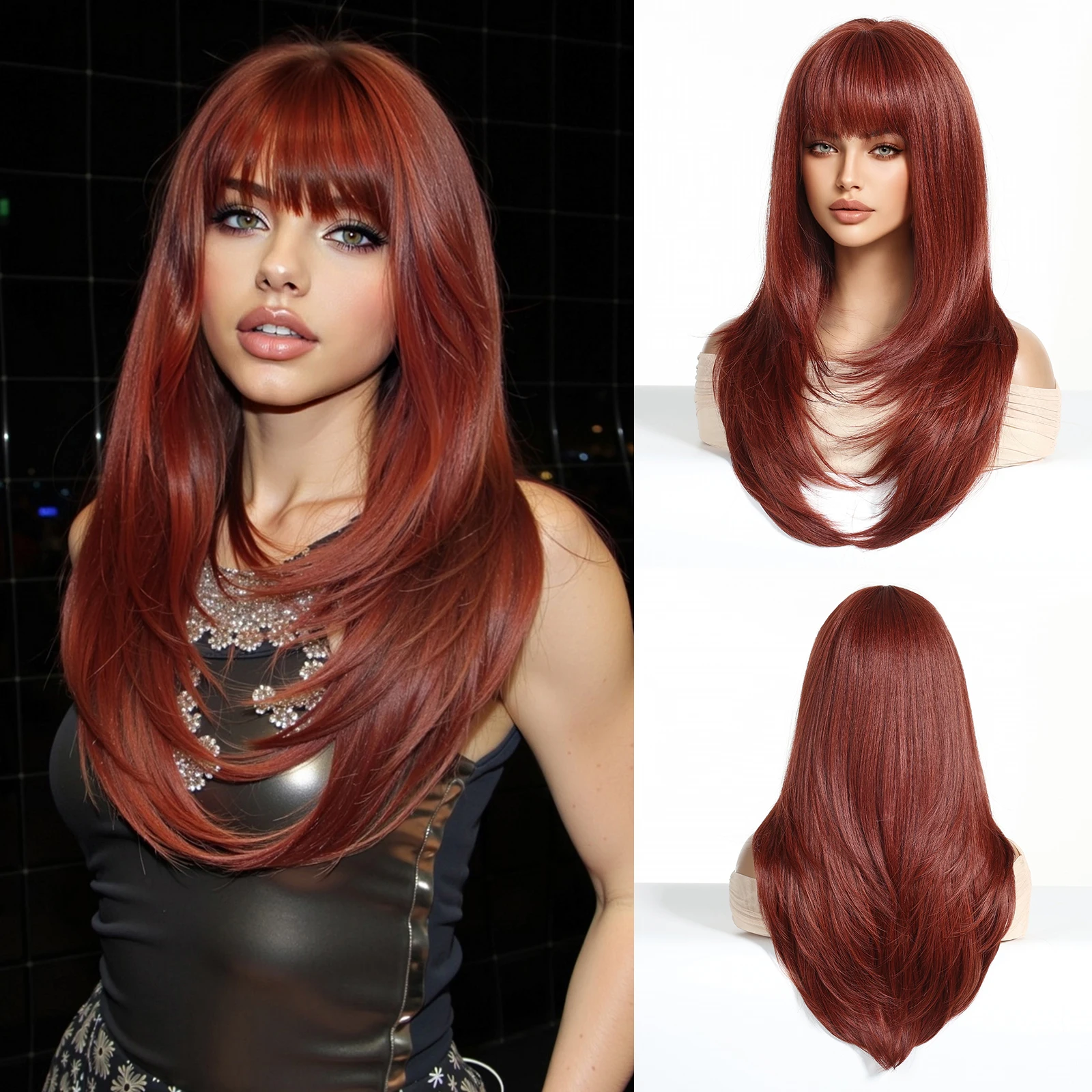 Long Straight Red Wig with Bangs Heat Resistant Synthetic Hair Layered Cut for Women Daily Party Cosplay Use