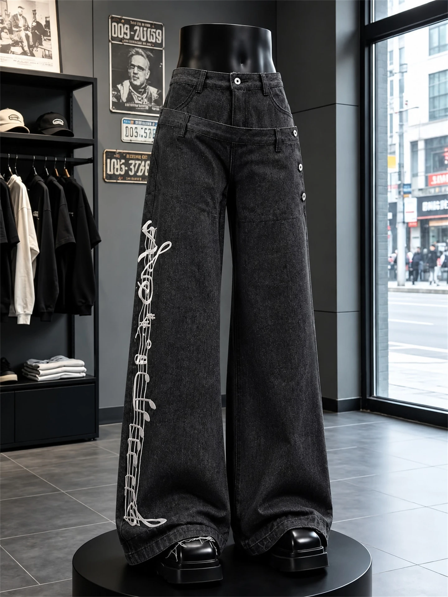Four-Line Note Embroidery Wide-Leg Men's Jeans Original Denim Patchwork Street Style American Design Loose-Fit Straight-Cut