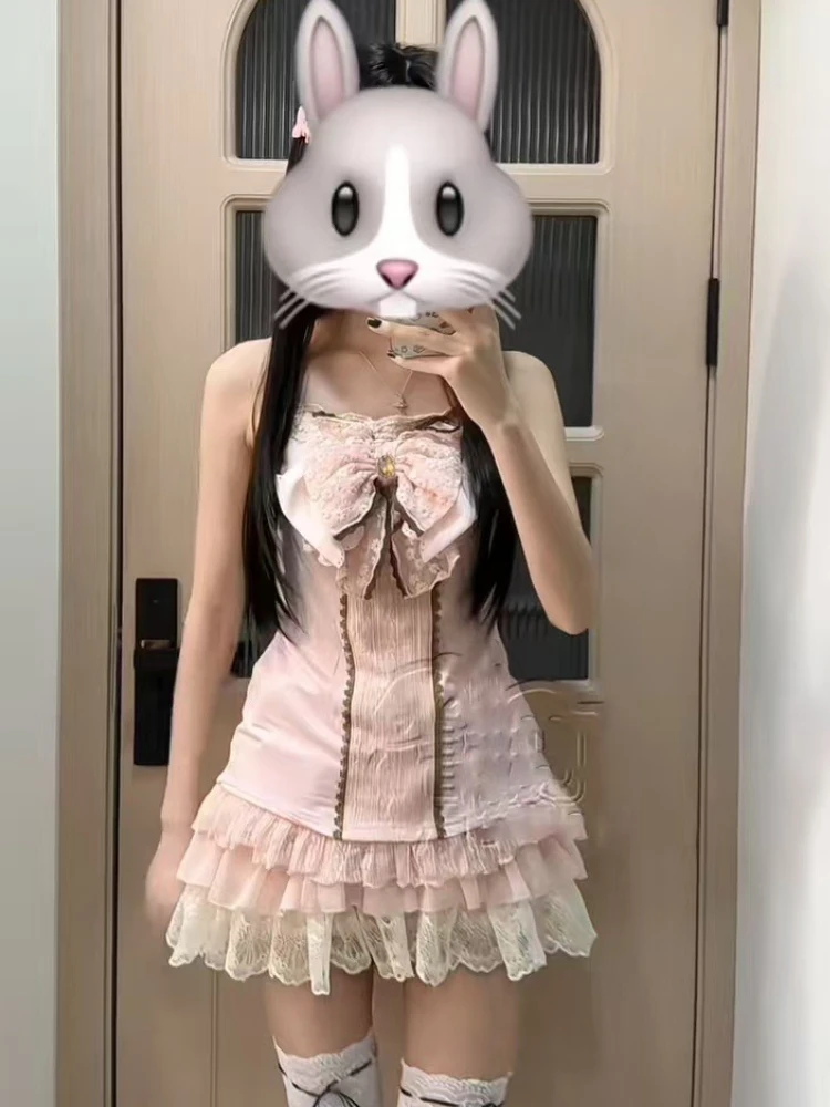 

Summer New Sweet Sleeveless Bow Suit Women's Fashion Kawaii Loose Patchwork Lace 3-piece Set Casual Lovely Design Fairy Outfits