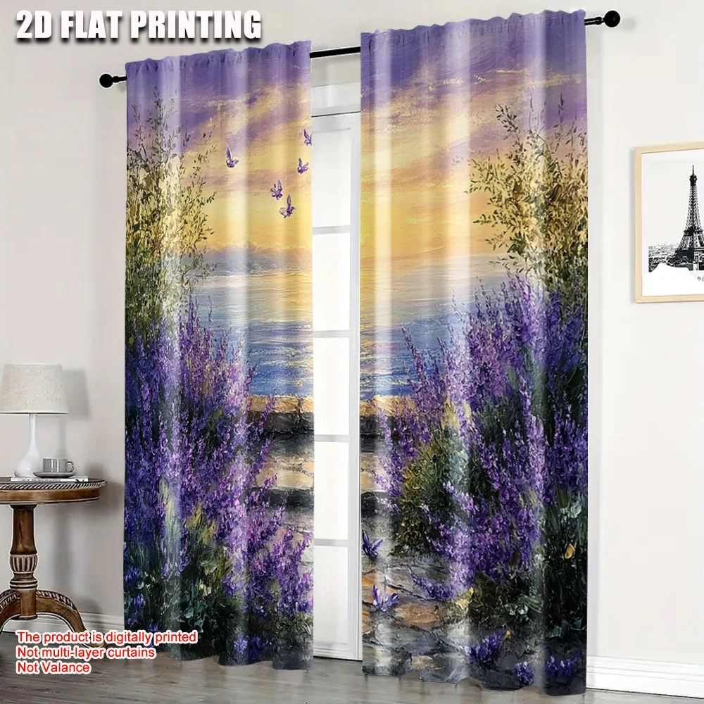 2pcs, Popular Curtain Panels 2D plane printing Lavender Sunset Coast 100% Polyester (without rod) Decorations Clearance Ldeal