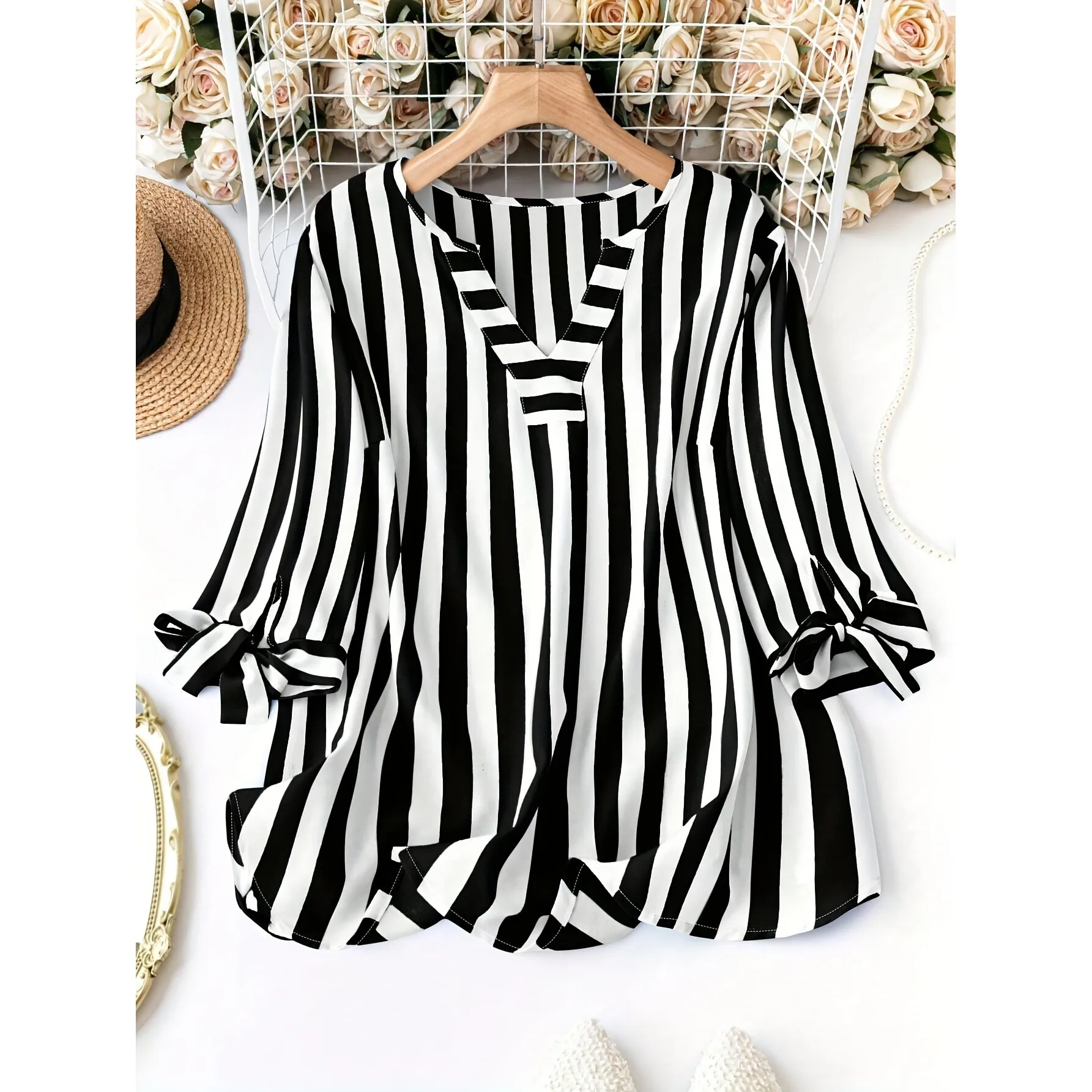 

Женская модная полосатая рубашка с рукавом «принцесса» из 100% прочного материала, не деформируется, Весна 2026