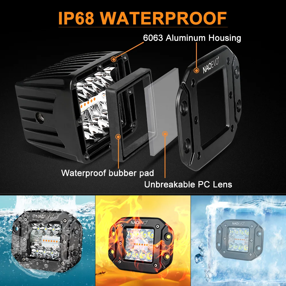 NAOEVO 5inch 70W Flush Mount LED Work Light Bar Drive Offroad Spot Beam LED Pods Driving Fog Light For Auto Truck Jeep SUV