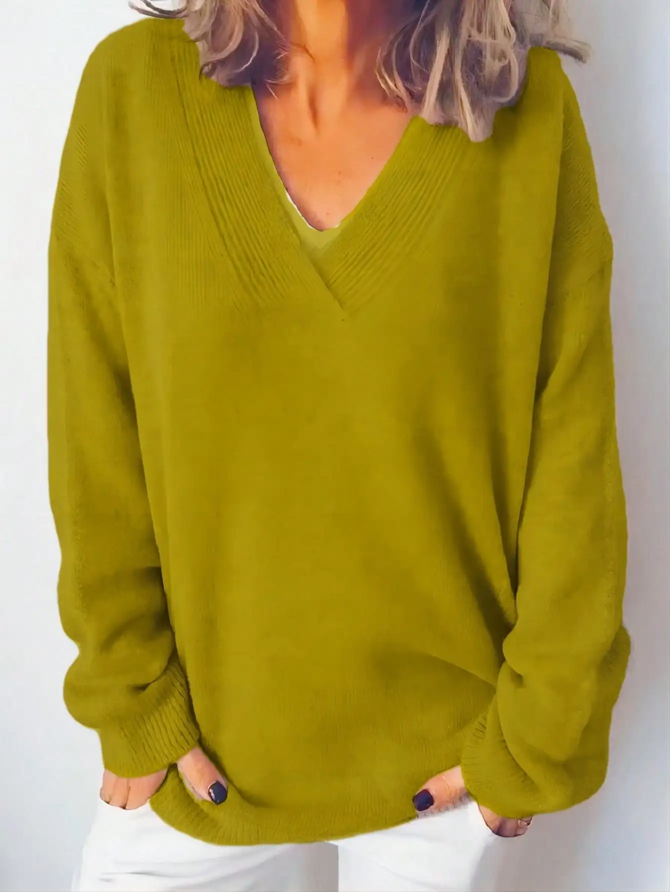 Herbst Winter Täglicher Casual Damen Übergröße V-Ausschnitt Langarm Pullover – Detail 11