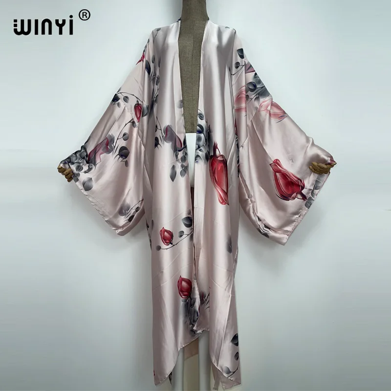 2022 WINYI Summer Beach Wear Swim Suit Cover up lady boho Cardigan pink printing elegant sexy Holiday long Sleeve Kimono kaftan