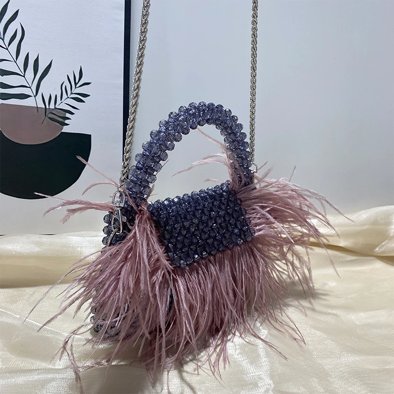 High Quality Feather Decoration Women\'s Bag Customized Female Designer Handmade Beaded Handbag Luxurious Party Banquet Bags