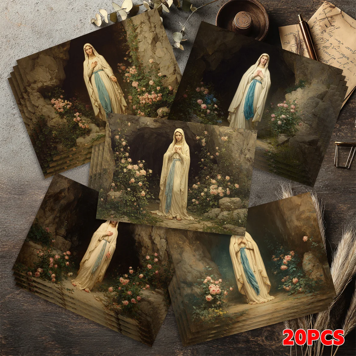 20PCS Virgin Mary Statue and Rose Surrounding Postcards, Suitable for Holiday Greetings and Collecting Gifts