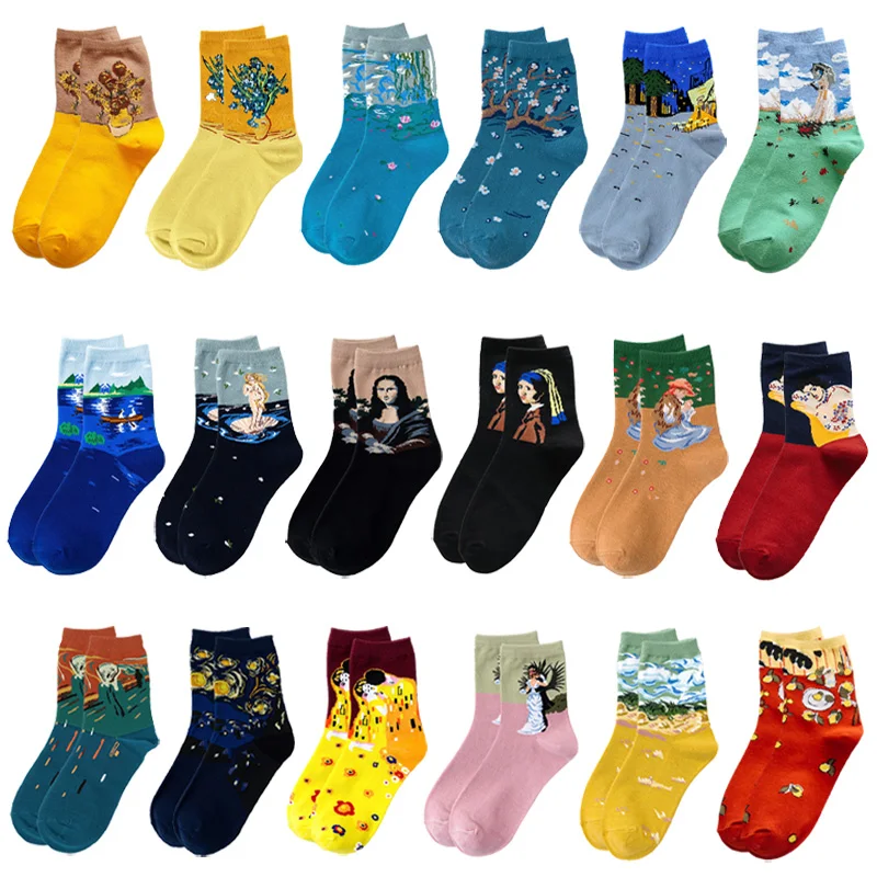 1 Paar Damen Neuheit Lustige Socken mit Buntem Cartoon-Print aus Baumwolle, Niedliche Socken mit Avocado, Sushi, Obst, Modische Kunst-Crew-Socken