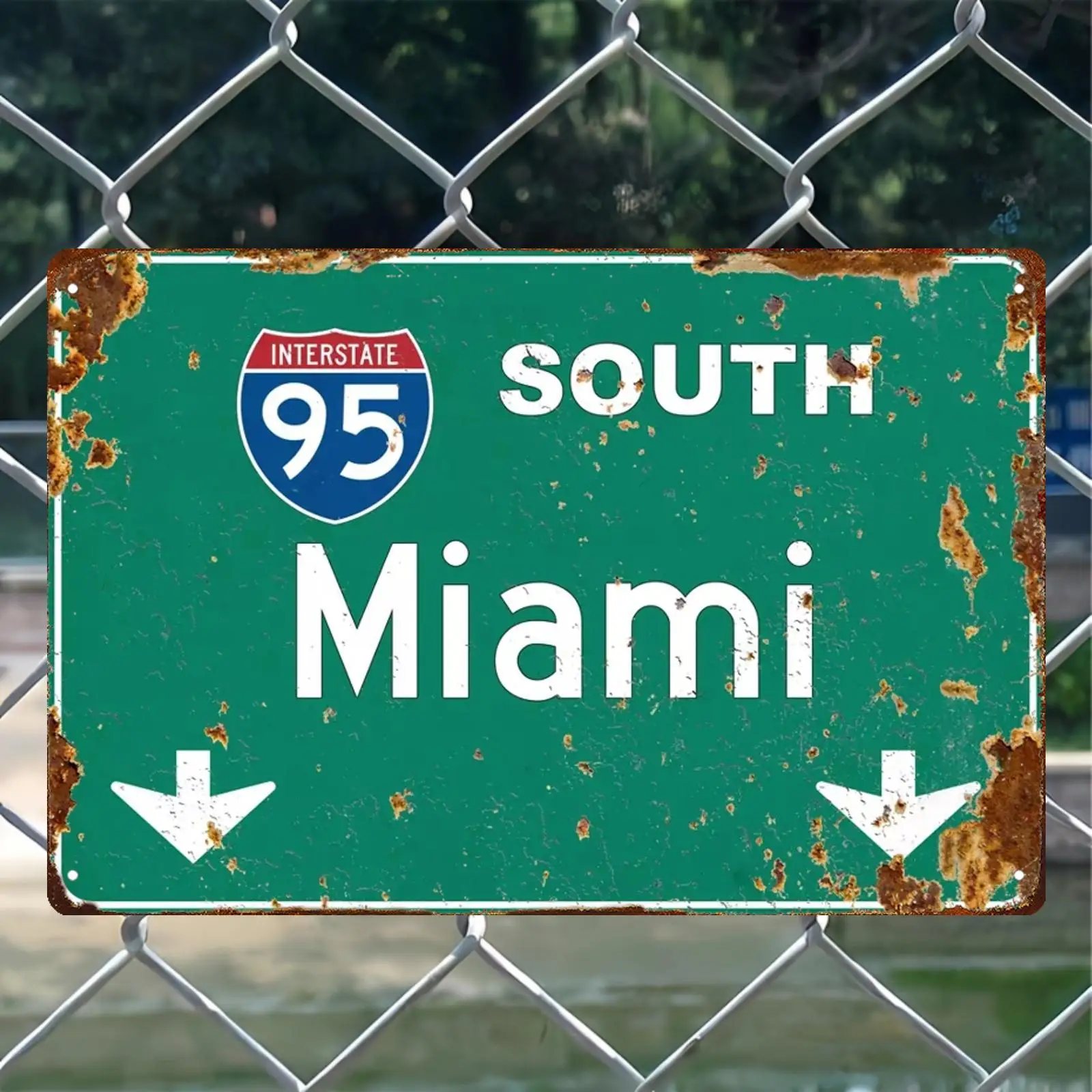 2D Flat - Vintage Miami Interstate 95 Rustic Metal Sign - South Miami Route 95 Design with Green Background and Arrows