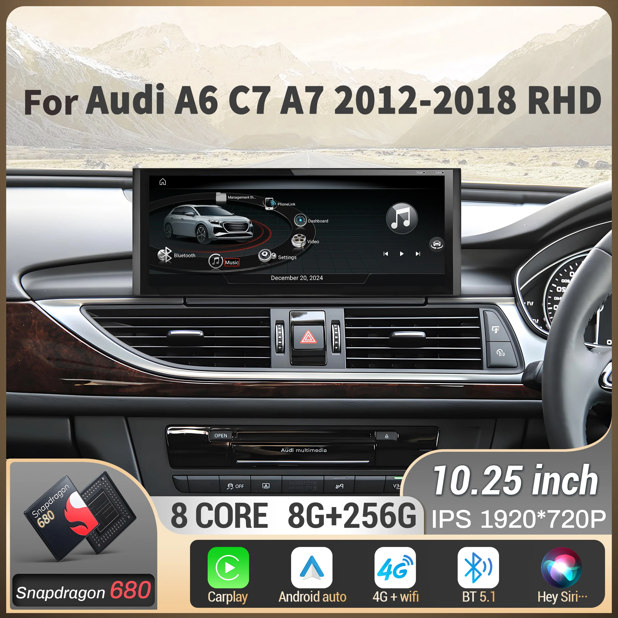 10,25 Zoll RHD Autoradio Android 13 für Audi A6 C7 A7 2012–2018 Wireless BT Carplay Snapdragon 680 Touchscreen