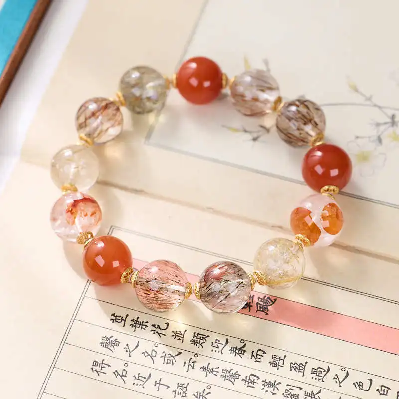 

Natural Black Super Seven Crystal For Women Glue Flower Gold Rutilated Quartz Full Flesh Southern Red Multi-Gemstone Bracelet