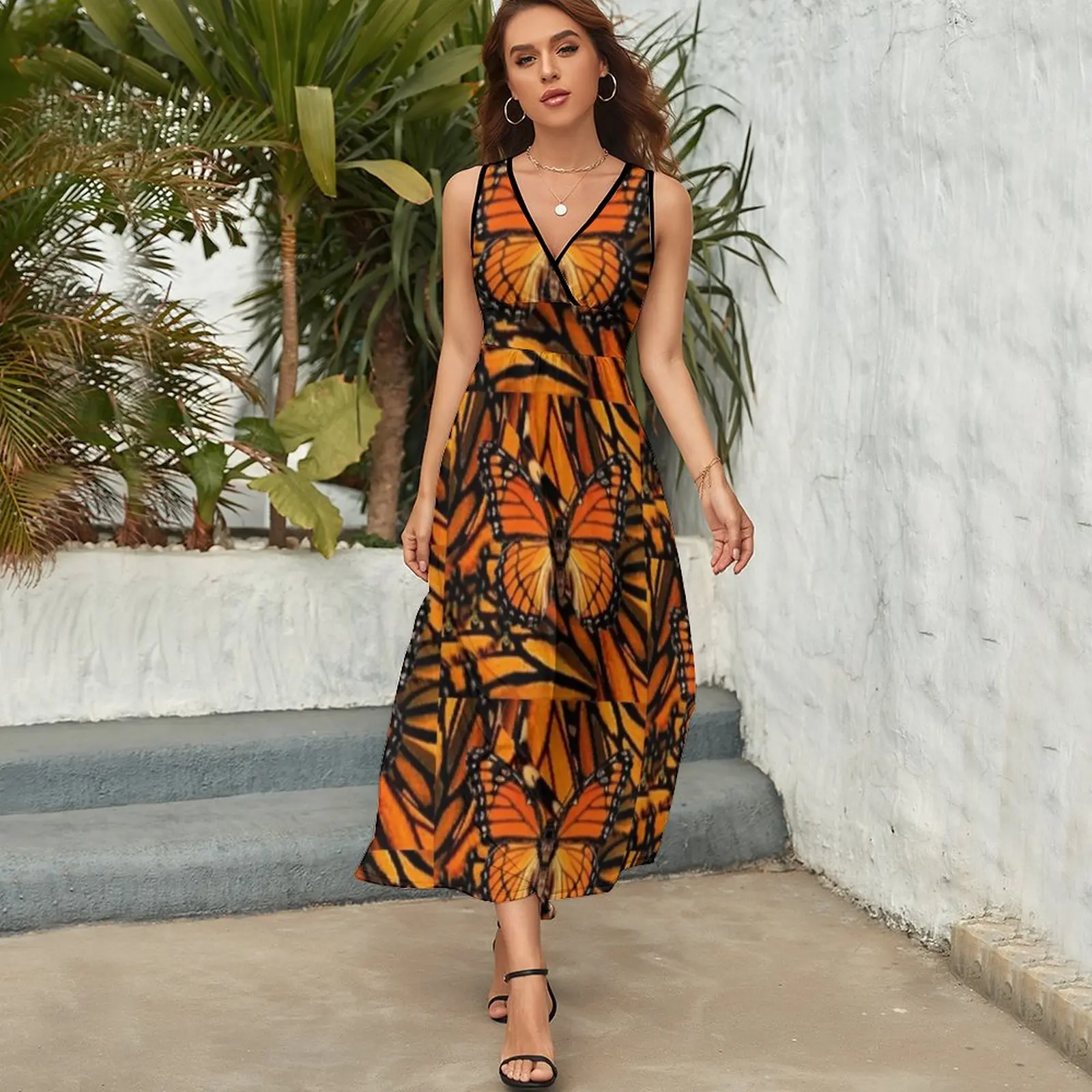 ORANGE MONARCH BUTTERFLY PATTERNED ARTWORK Sleeveless Dress Long dress elegant women\'s dresses sale evening dresses ladies