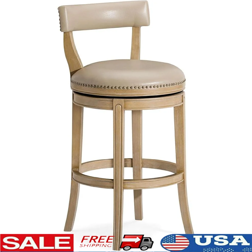 

Rotating Low Back Barstool Vegan Leather Upholstered Bar Height Swivel Stool Kitchen Dining Chair Weathered Oak Finish Hardwood