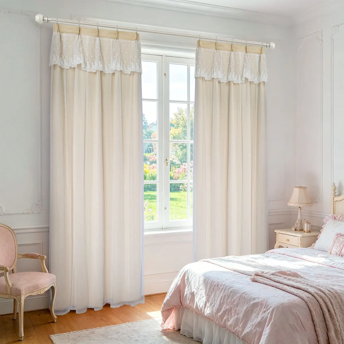 Cream Double Layer Lace Valance Medium Shading Korean Adjustable Hook Curtains, Elegant Decor Drapes for Household Windows