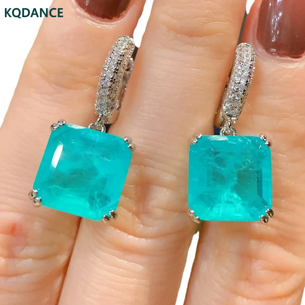 KQDANCE Square 12mm Create moissanite Pariba Emerald Drop Earrings With Green Blue Stone 18K white gold plated Jewelry wholesale