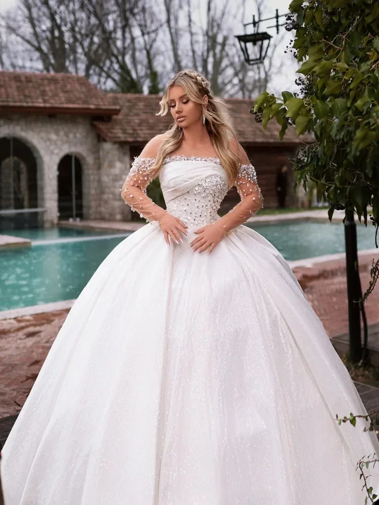 تخصيص قبالة الكتف الثقيلة بلورات الخرز Ballgown فساتين الزفاف Vestido De Novia كامل الأكمام ثوب الزفاف في الهواء الطلق