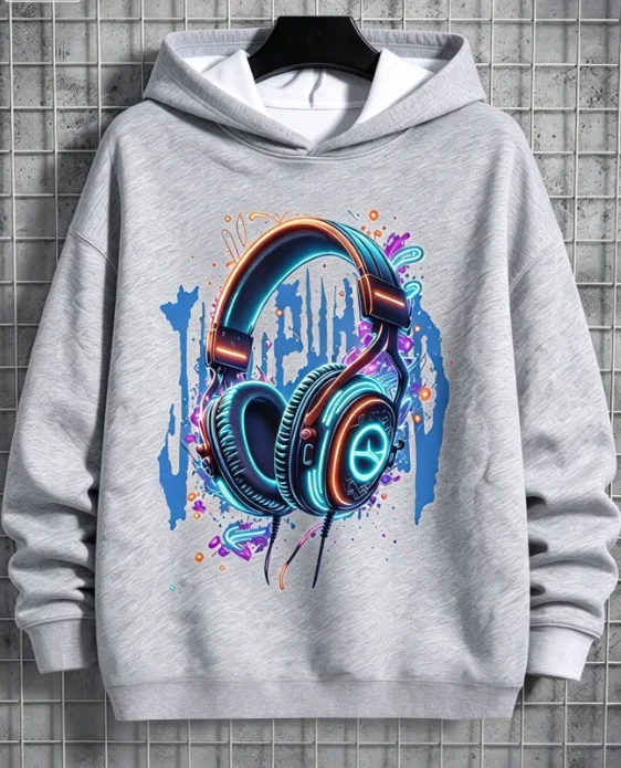 kids hoodie, neon headset graphic with colorful splash paint print, grey long sleeve hooded top, casual loose wear for boysgirls