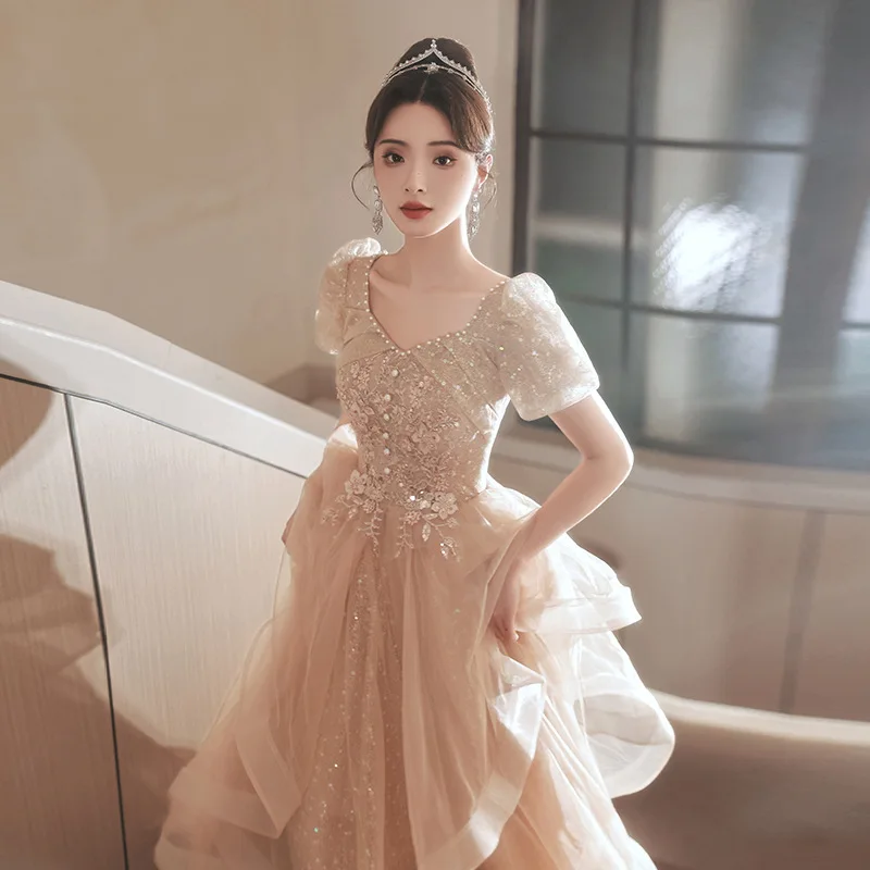 High-End Evening Dress for Women Banquet Temperament Light Luxury Minority Piano Performance Champagne Color Host Adult Ceremony