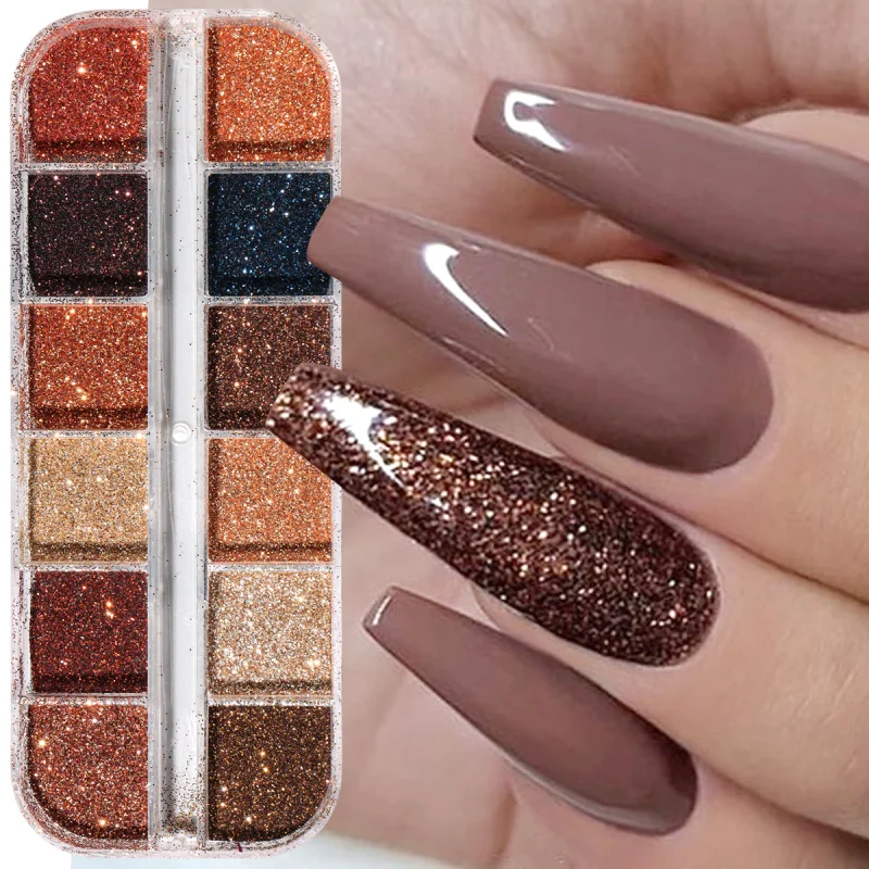 Brillo de uñas marrón café brillante, polvo de azúcar fino, copos de pigmento cromado brillante, diseños de uñas para Otoño e Invierno, accesorios de decoración