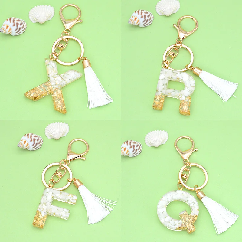 1PC White Tassel Letter Keychain Crystal Epoxy 26 Initial Letters Keyring Car Key Holder Handbag Pendant Accessories images - 6