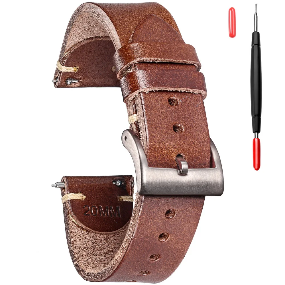 HEMSUT Leather Watch Bands for Men Italian Buttero Handmade Watch Strap Quick Release Vintage Replacement Wrap of 18mm 20mm 22mm