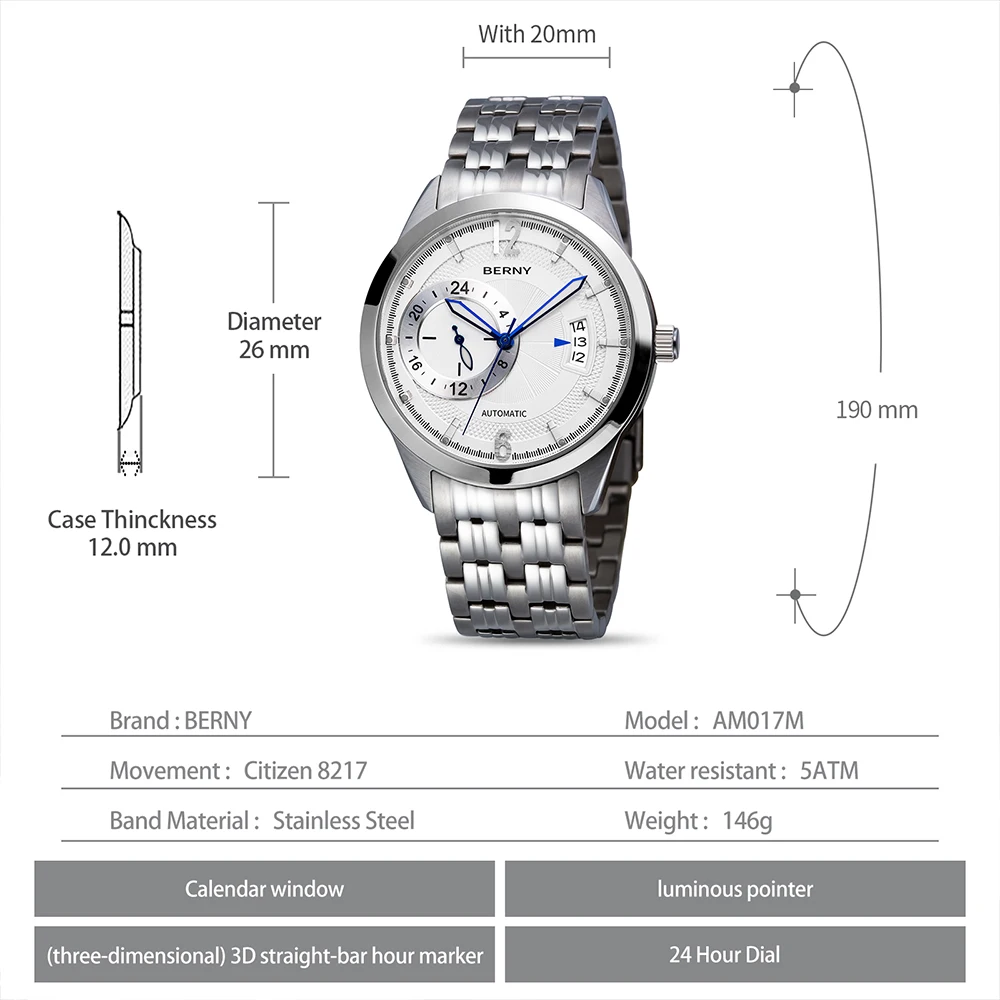 BERNY Men Mechanic Watch  Japan BERNY 8217 Automatic Watch Multifunction Luminous Calendar Clock Waterproof  Men Wristwatch