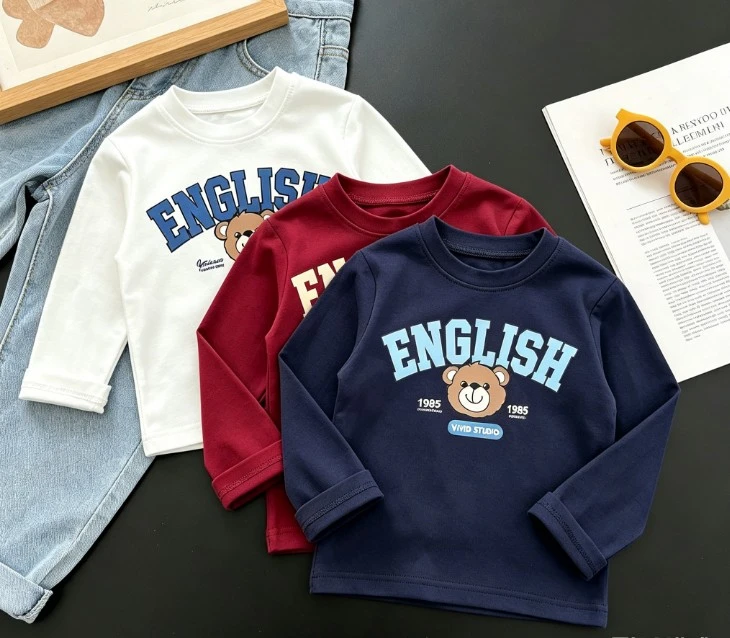 Children Bear Print T Shirts English Letter Design Summer Thin Short And Long Sleeve Tee Boys Girls Daily Multiple Colors  Wear