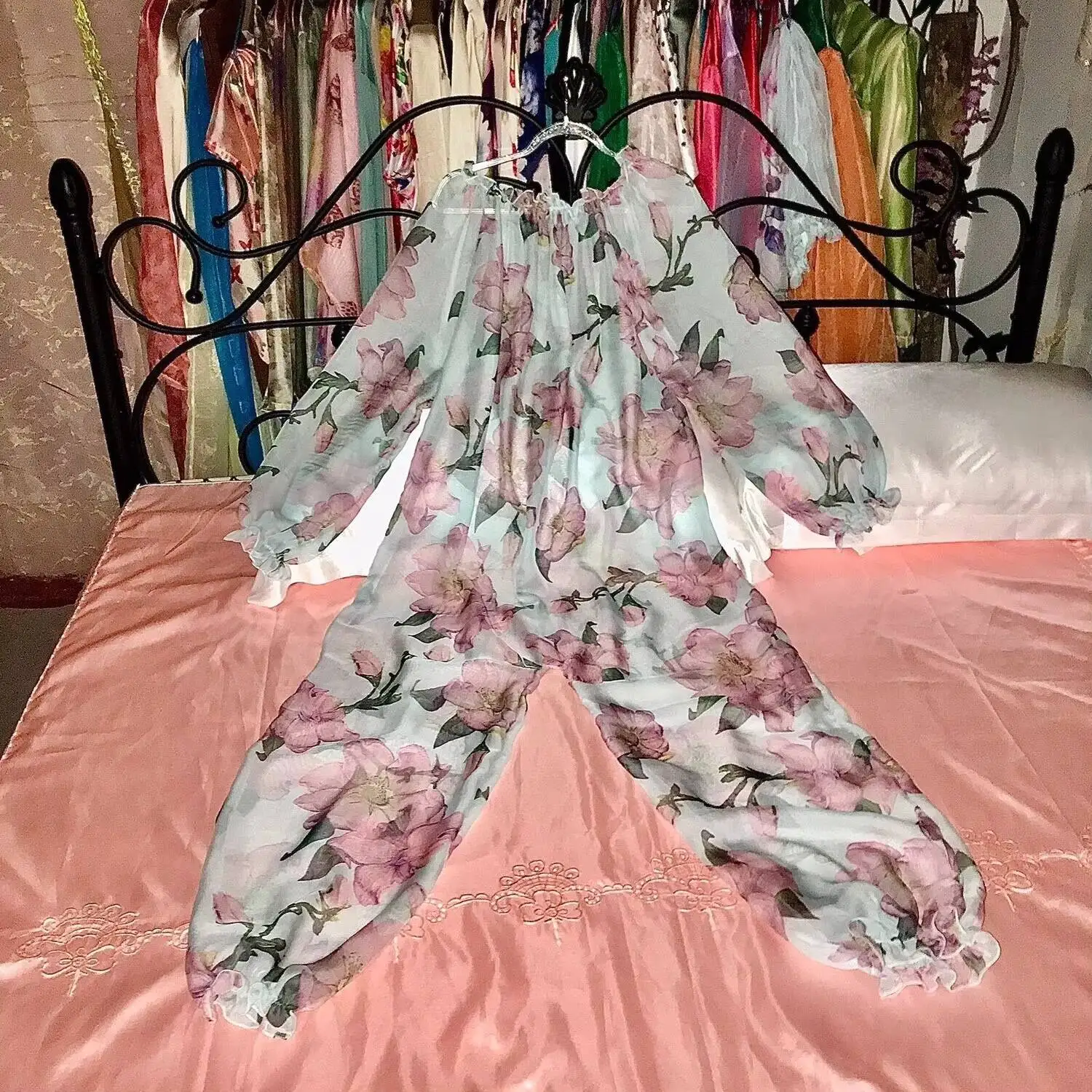 가을 봄 메쉬 점프수트 섹시 여성 긴팔 잠옷 루즈핏 커프스 팬츠 비치웨어