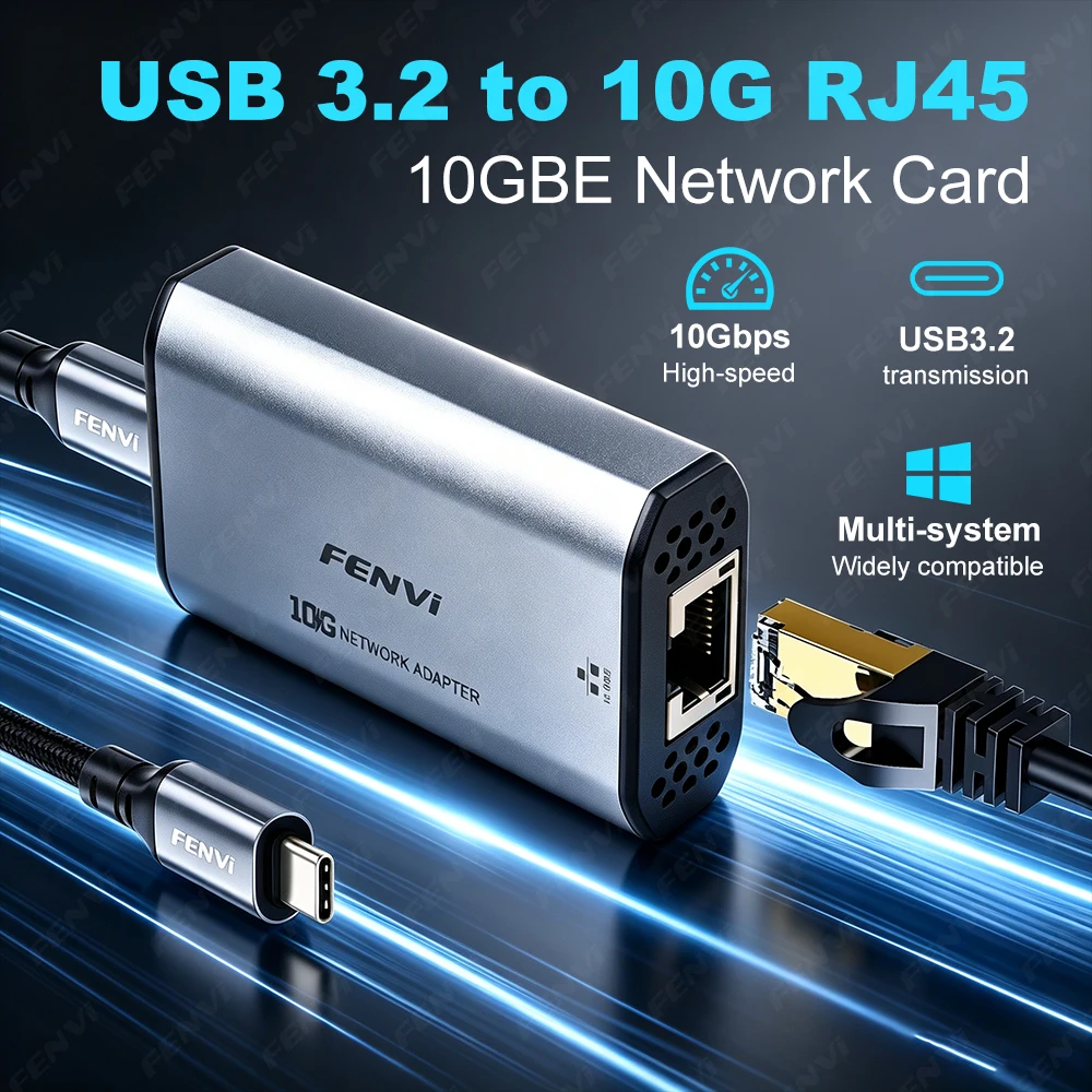 FENVI USB 3.2 to 10Gbps Ethernet Adapter 10G RJ45 Network Card USB C to 10G Base-T LAN Adapter for Windows Mac Linux PC Laptop