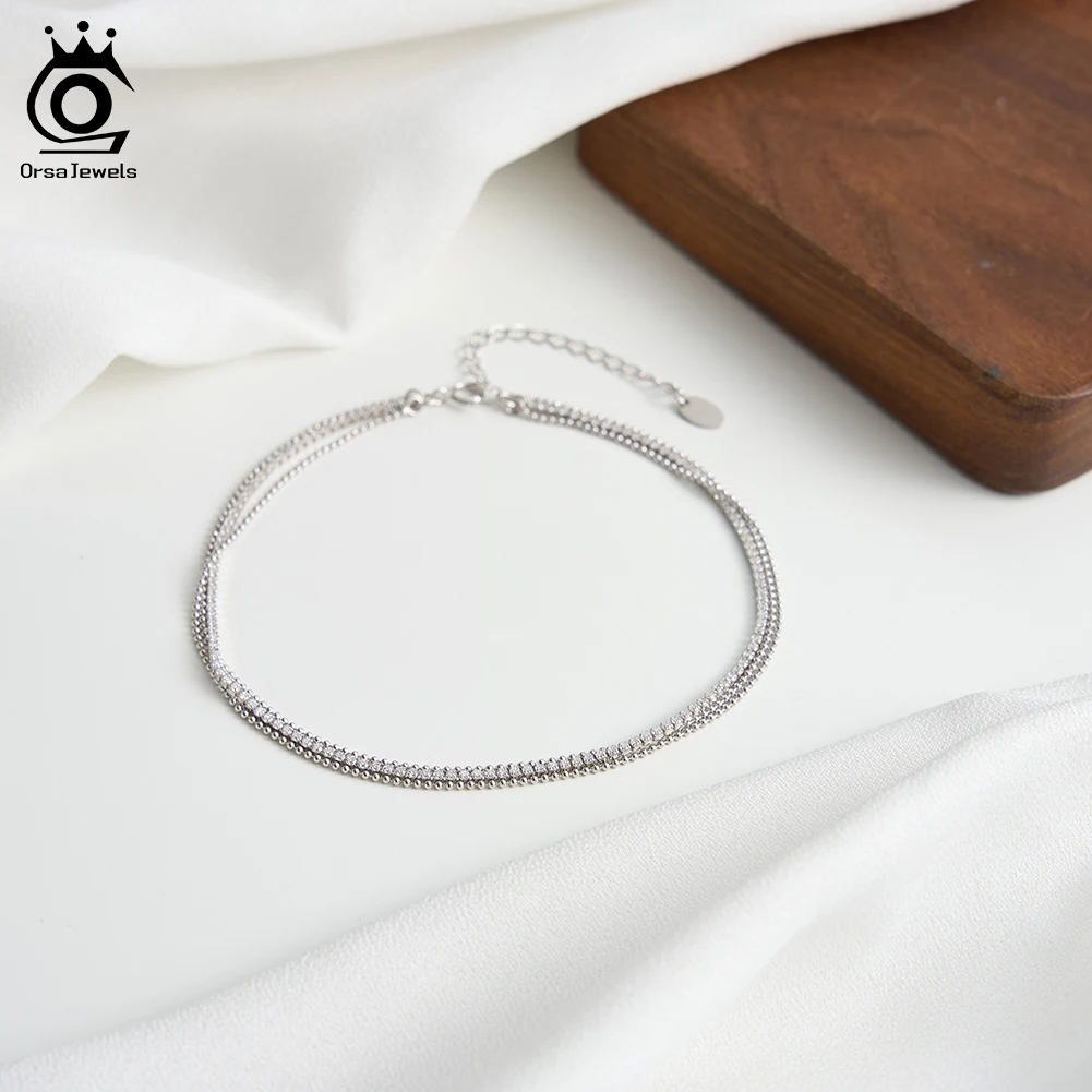 ORSA JEWELS Sparking 925 Sterling Silver Tennis Chain Anklet Luxury Summer Three Layer Geometric Bead Ankle Party Jewelry SA103