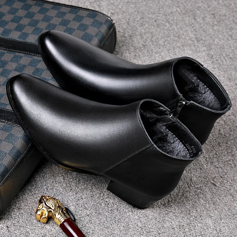 British Business Leather Boots for Men High Heels Pointed Toes and Fleece Chelsea Boots Genuine Leather Side Zipper Male Shoes