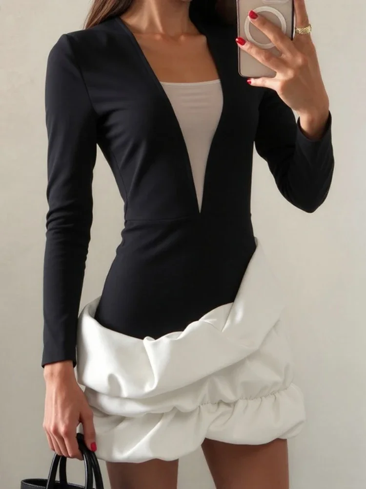 

Fmxires Contrast V-Neck Elegant Mini Dress For Women Slim Long Sleeves High-Waisted Streetwear Bodycon Dress Women's Mini Dress