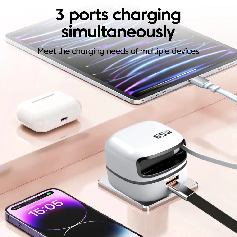 65W USB C Charger With Telescopic Cable EU UK Plug Fast Charging Charger Universal Travel Phone Charger For iPhone 15 16 ipad