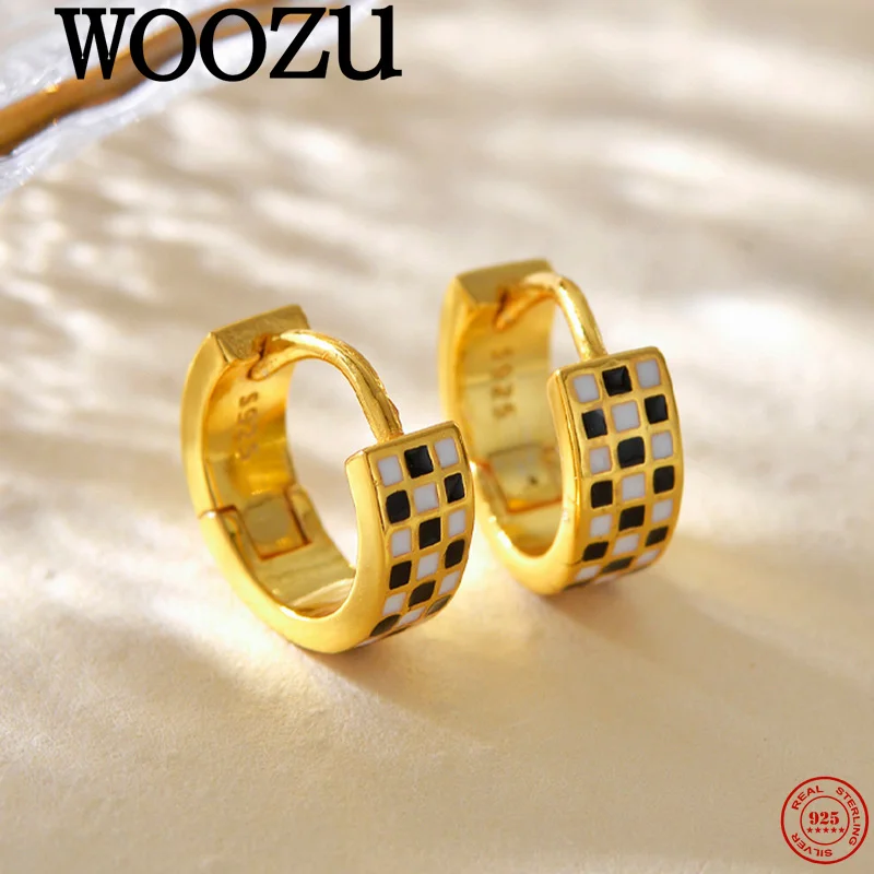 

WOOZU 925 Sterling Silver Black White Plaid Drop Glue Hoop Earrings for Women Party Punk Exquisite Design Fashion High Jewelry