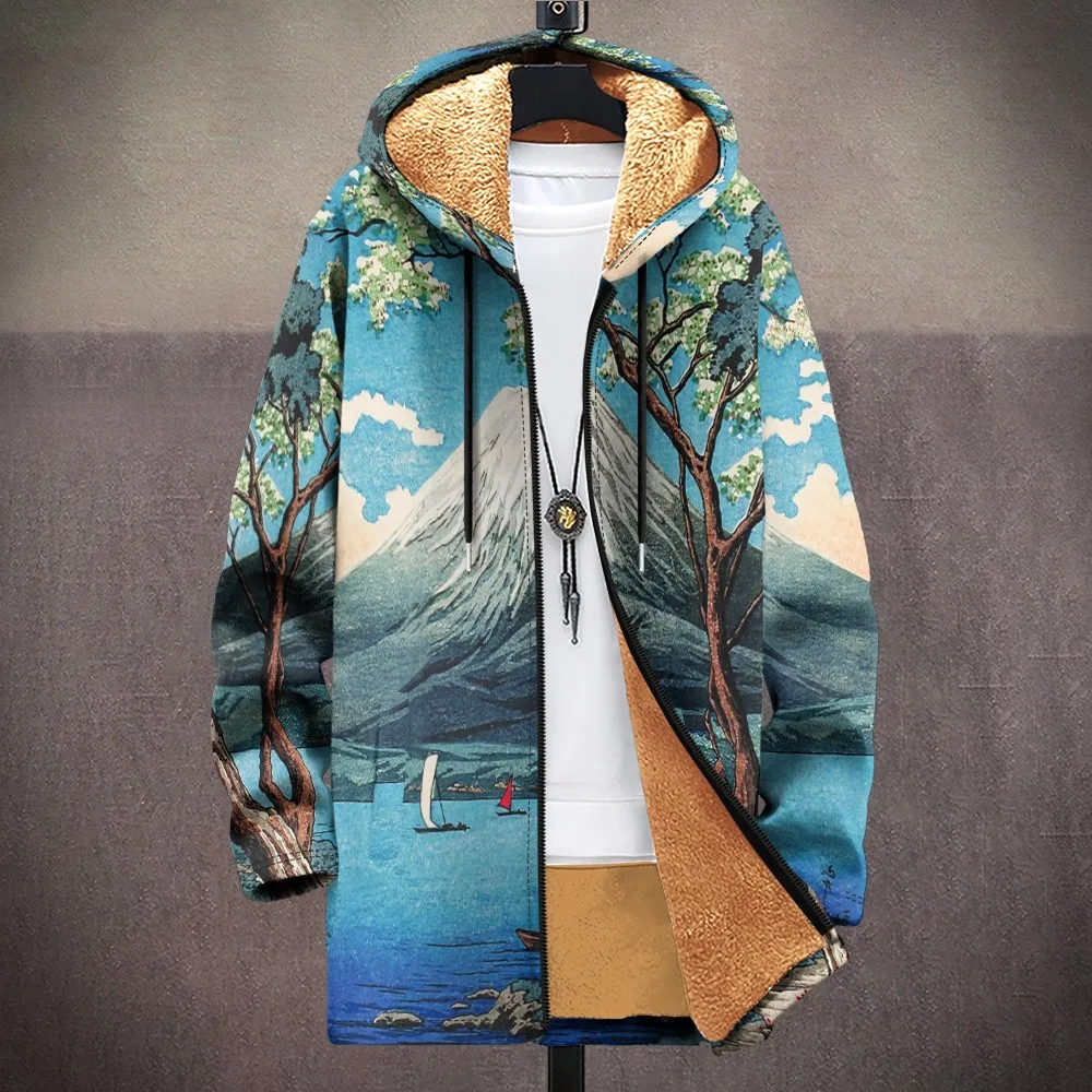 Men Cardigans Coats Cherry Blossom Mount Fuji Printed Plush Thick Winter Art Graphics Jackets Casual Streetwear Unisex Clothing