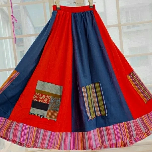 New Trumpet Skirt National Fashion Cotton And Linen Stitching Contrast Skirt Spring And Autumn Leisure Printing Big Swing Skirt