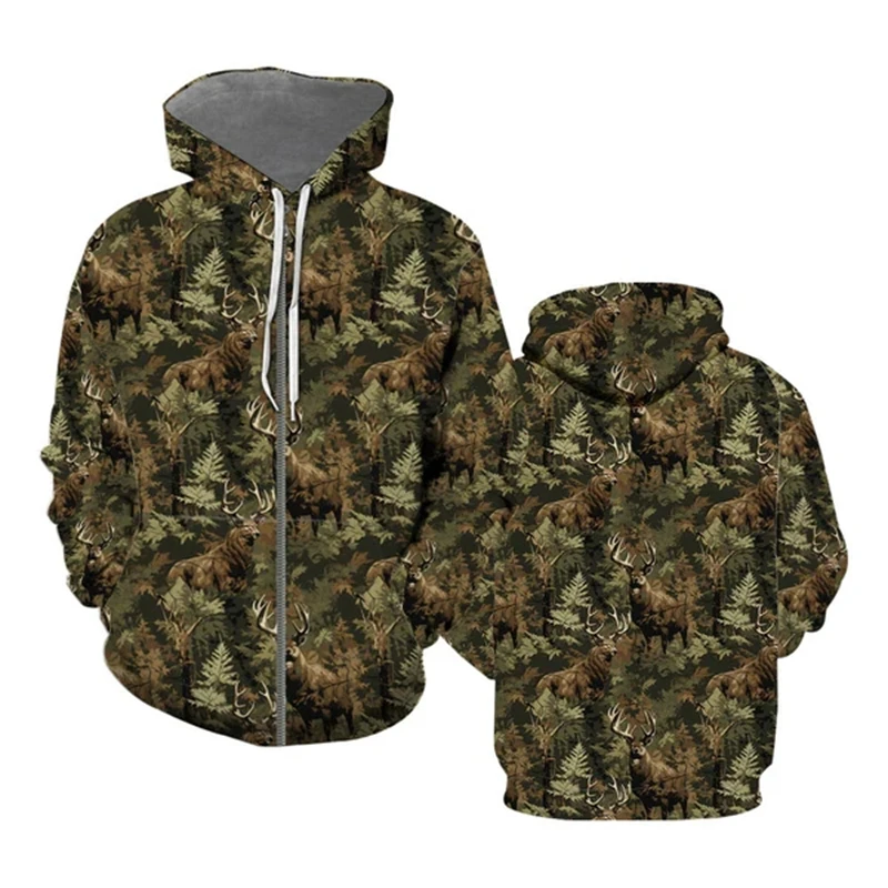 Fashion Men's Hoodies Forest Camouflage Graphic Outdoor Spring Streetwear Casual Oversized Hooded Sweatshirts Zipper Pullovers
