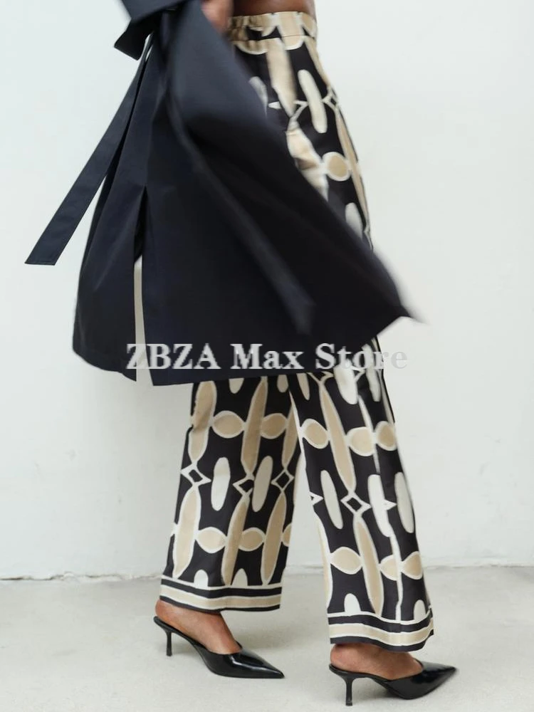 Geometric Print Shirt Pants Suit Women V-neck Button Side Vents Top Hidden Zip High Waist Straight Leg Pants Female Chic Suit