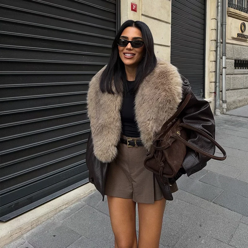 Women's Jackets Coats Winter Fashion Faux Leather Jacket Women Big Fur Collar Loose Coats Vintage Female Outerwear Chic Tops