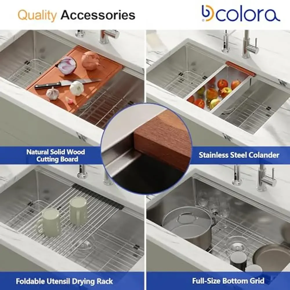 Évier de cuisine en acier inoxydable 30 pouces, poste de travail, grand bol simple sous le comptoir, calibre 16, 304 SS, accessoires d'angle rond inclus