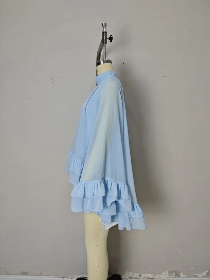 

Women's Sweet Blue Chiffon Semi High Neck Double-Layer Fungus Mini Dresses Spring New Beach Sunscreen Cloak Style Dress