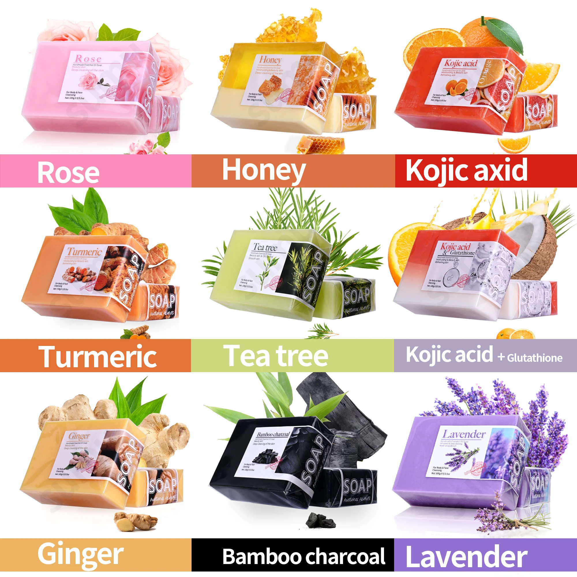 Jabón de aceite esencial de planta de lavanda, 100g, vitamina C, jabón de limpieza Facial, cúrcuma para un tono uniforme de piel