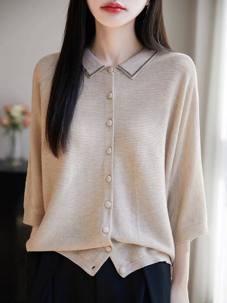 

Тонкий вязаный кардиган с коротким рукавом для женщин, весенняя модная базовая футболка, легкий свитер-топ, элегантный стиль