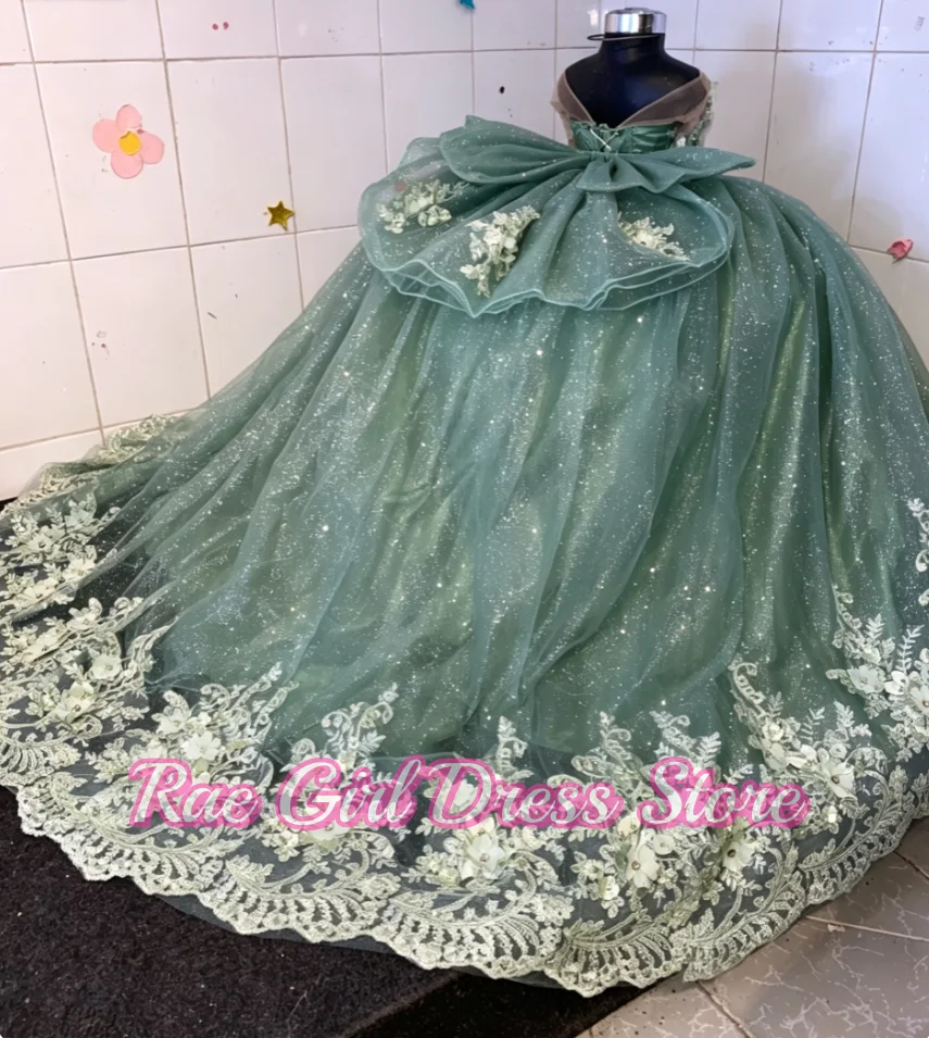 Sheer Long Sleeve 3D Floral Lace Glitter Tulle Puffy Flower Girl Dress For Wedding Pageant Formal Gowns A-Line Floor Length With