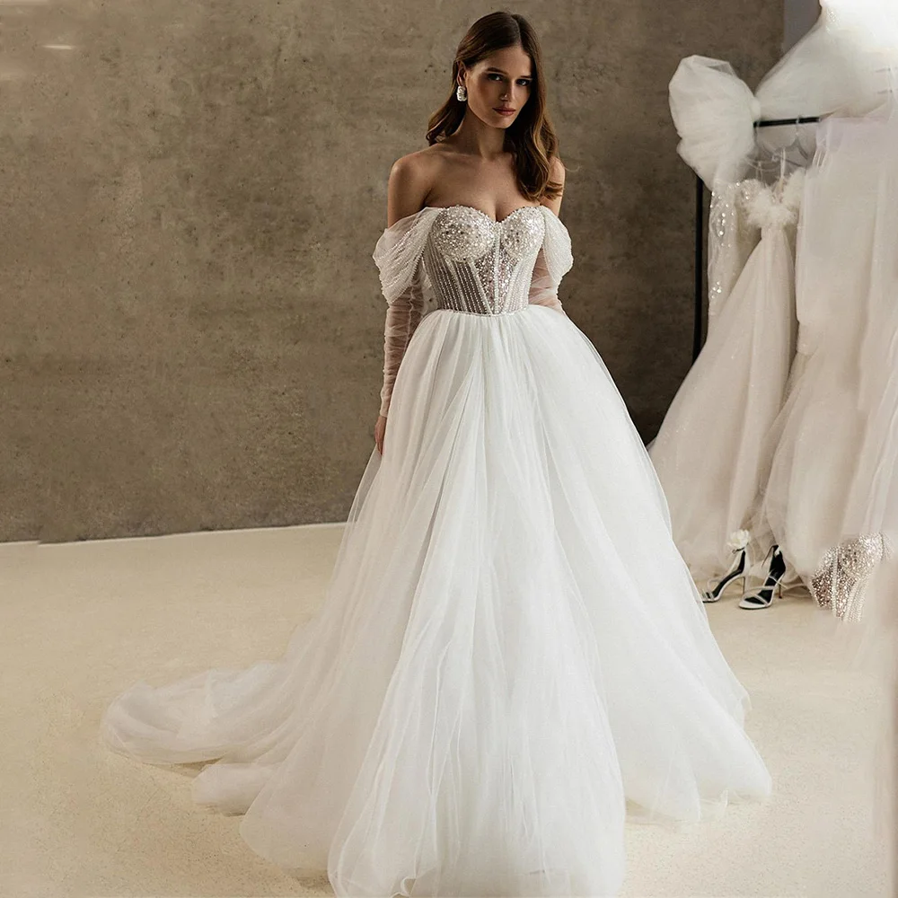 

Popular Off The Shoulder Shiny Beaded Sequined Sweethart Bridal Grown A Line Wedding Dresses Sweep Train Custom Made 2026 Vestid