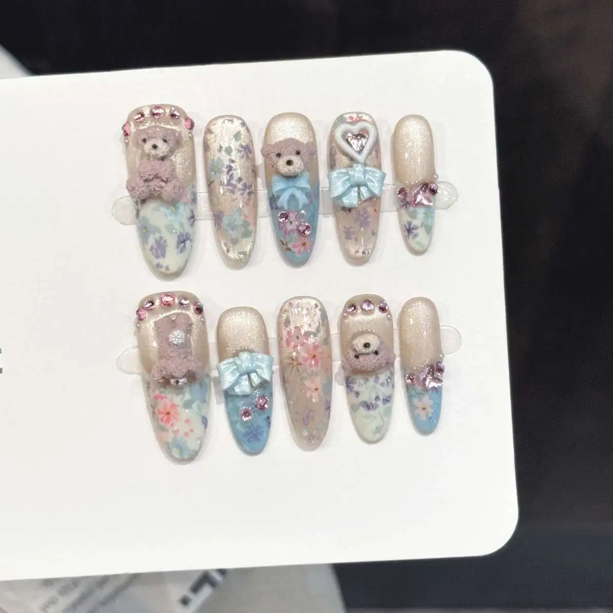 10pcs Light Blue Fragments Floral Press On Nails Handmade 3D Cute Bear Bows Heart Decor False Nail Sweet French Style Fake Nail