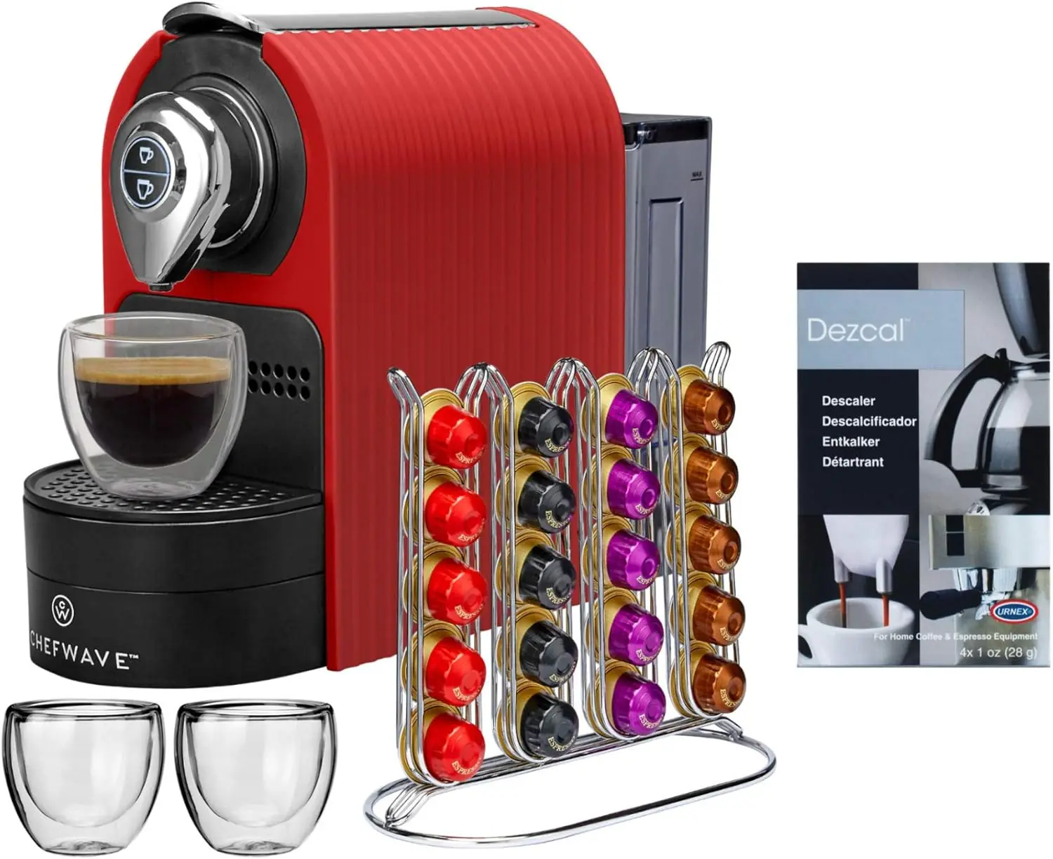 

Espresso Machine for Nespresso Compatible Capsules (Red) Bundle with Capsule Holder, 2 Glass Cups and Descaling Powder (2 Items)