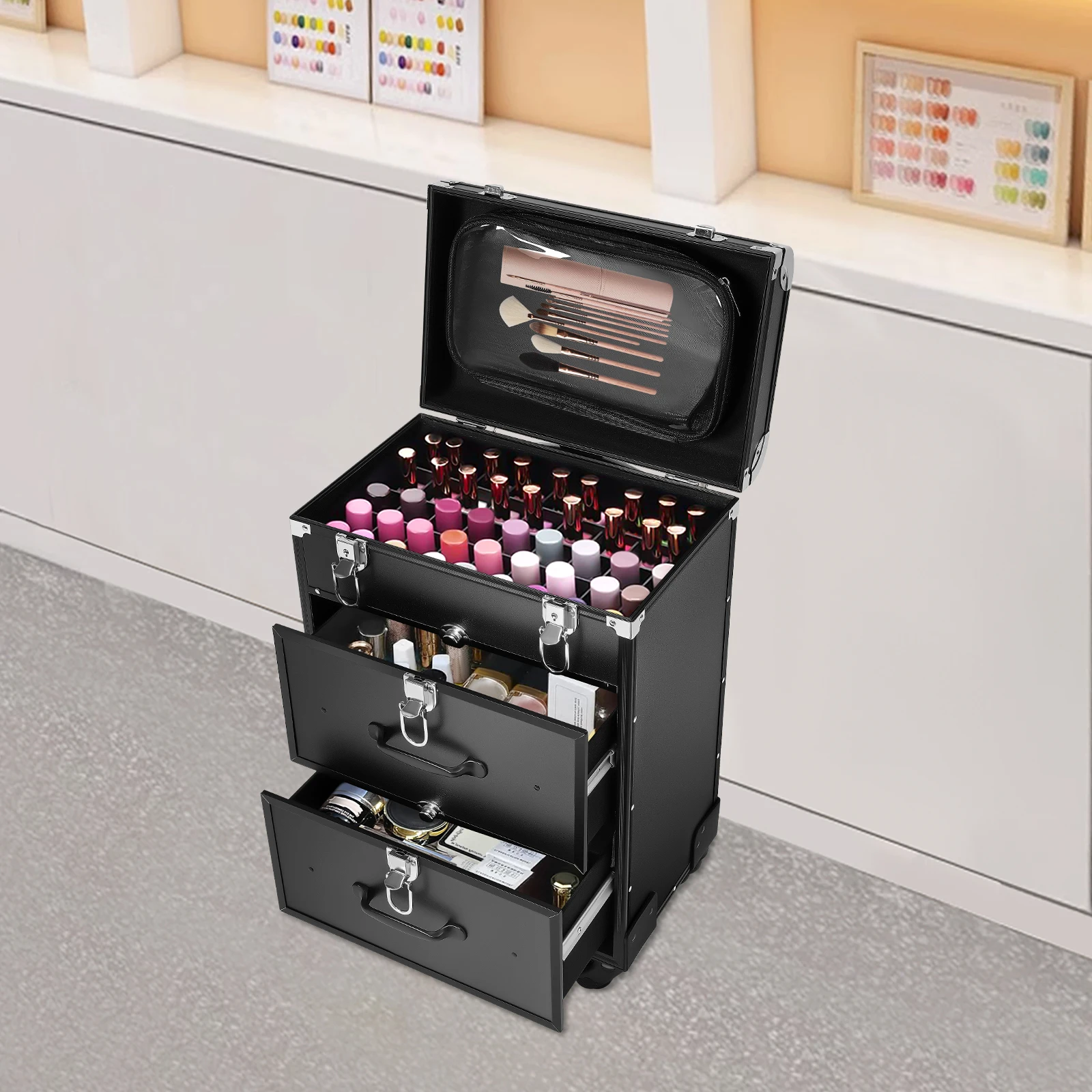 Professional Barber Case with Wheels,Rolling Nail Case,Rolling Makeup Cases with Wheels & Drawers, Salon Barber Cases